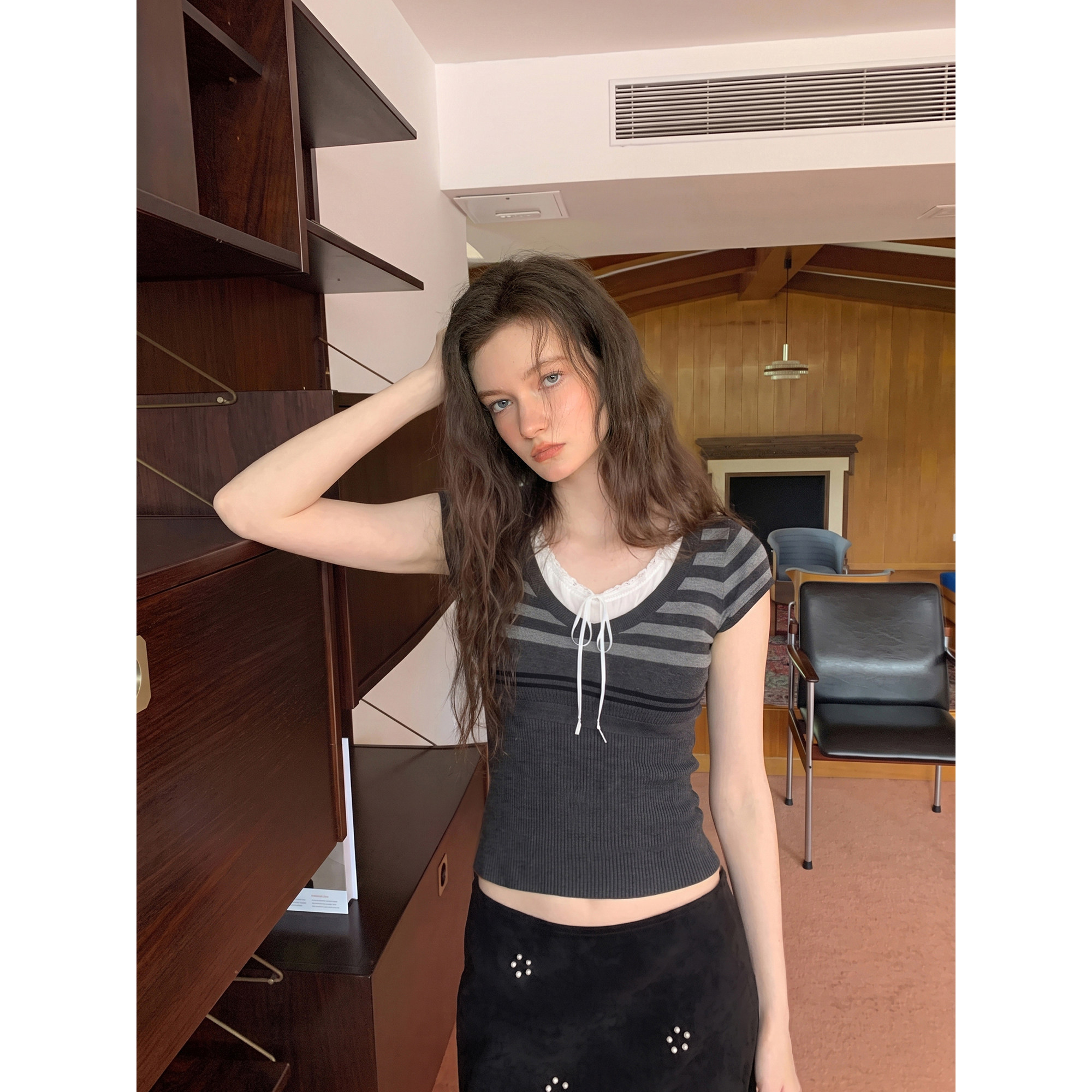 CRUCREAMSU Retro Patchwork Tie-Waist Slim Fit Short Sleeve T-Shirt Women's Summer Slimming Knit Striped Cropped Top