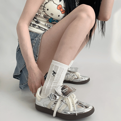 taobao agent 夜间教习室袜子女秋款可爱蝴蝶结刺绣泡泡袜jk白色中筒堆堆袜薄款