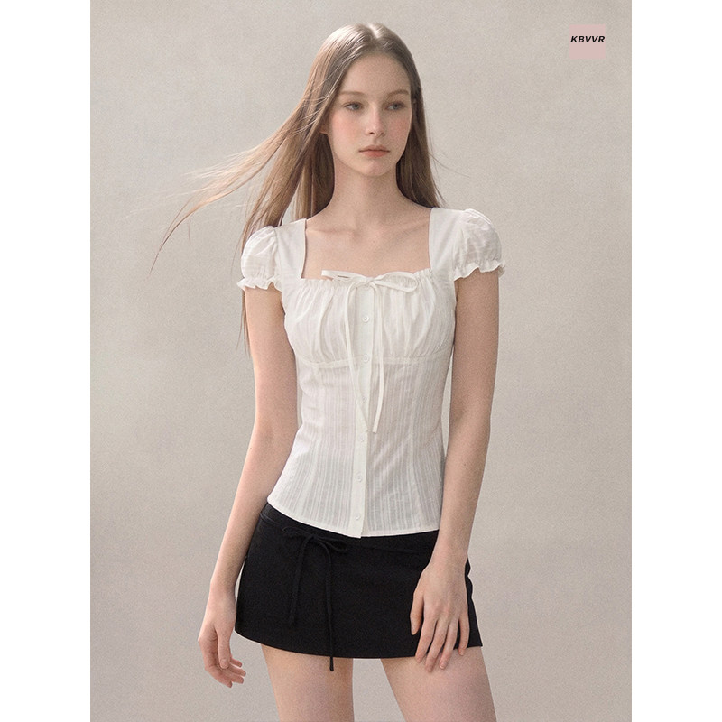 White square neck puff sleeve short-sleeved shirt for women, summer retro style, slim fit, short, waist-cinching, t-shirt, top.