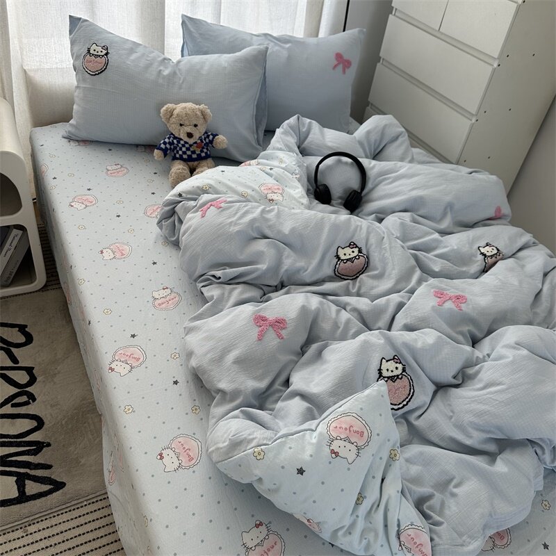 Корейское полотенце ins girl cute cat с вышивкой, выстиранное хлопковое стеганое одеяло из четырех частей, простыня, комплект из трех частей для общей квартиры 4