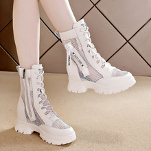 Summer Tennis Boots for Women 2024 New Versatile Breathable Leather Thick Sole Mid length Boots Popular British Style Elevated Short Boots