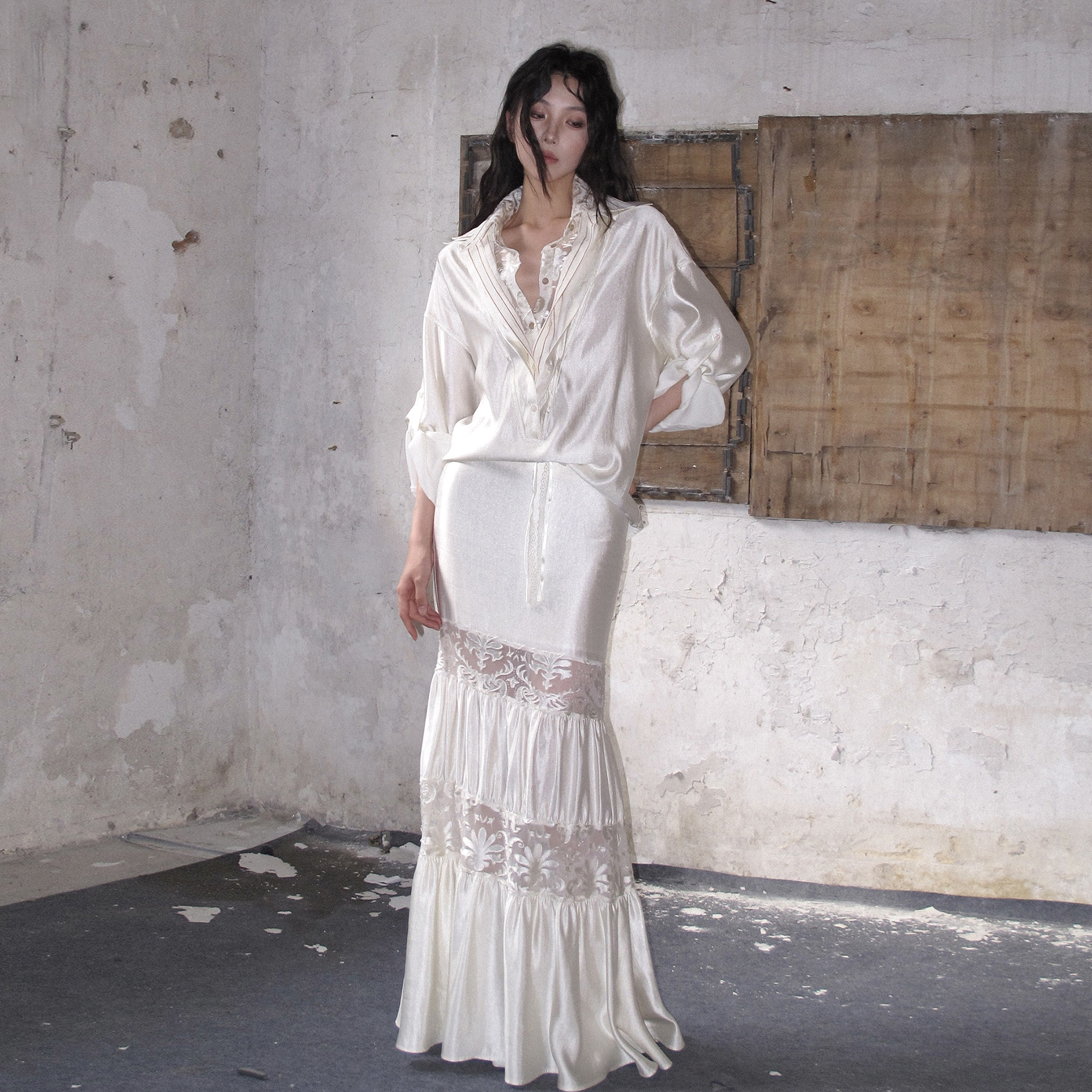 Why not? Siddhartha-inspired patchwork lace sheer pleated fishtail maxi dress