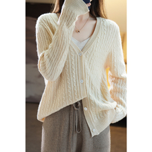 Spring and autumn V-neck cashmere cardigan loose Fried Dough Twists sweater thin solid single breasted women's wool knitting coat