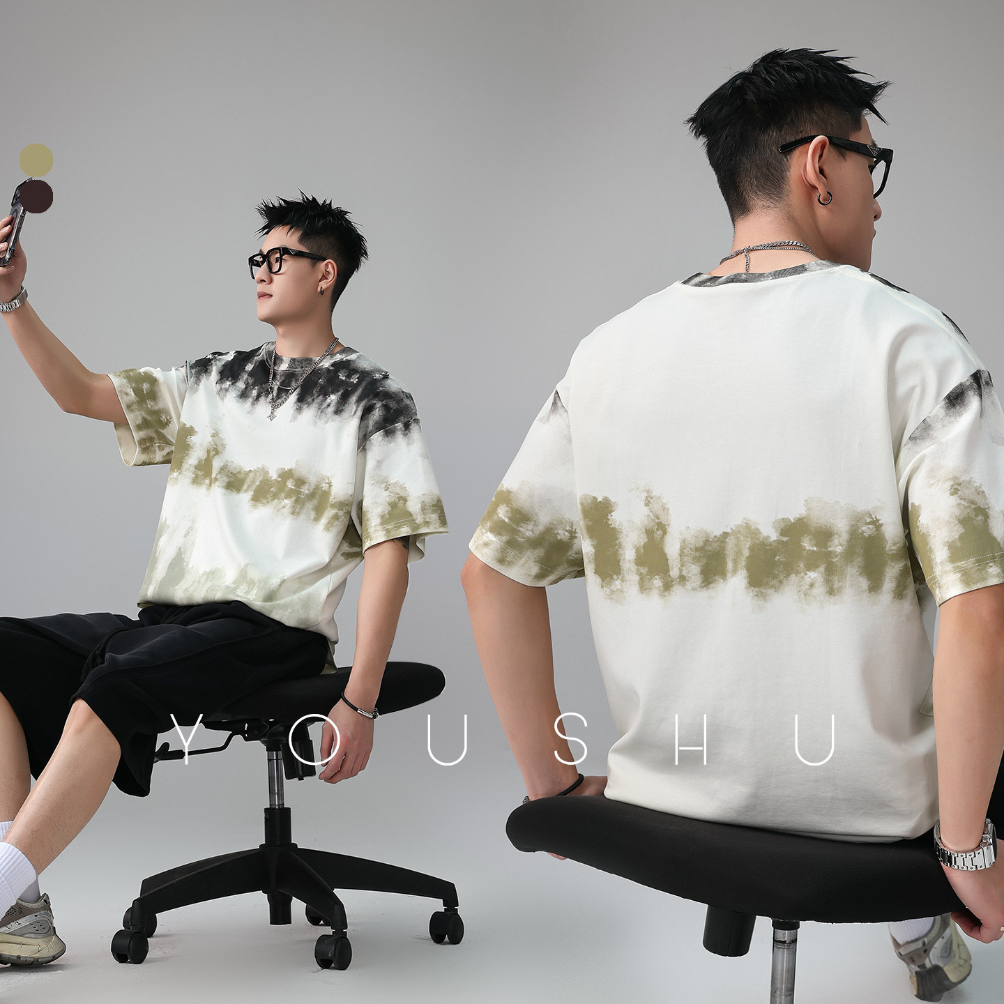 Youshu tie-dye, американский модный бренд, футболка с круглым вырезом и короткими рукавами, мужская летняя новинка 2026 года, дизайнерская нишевая свободная футболка