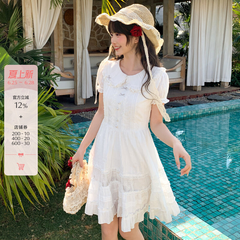 Forest Girl Tribe French First Love Little White Skirt Womens New Style Bubble Sleeve Multi layer Ruffle Edge Loose Cotton Dress Summer