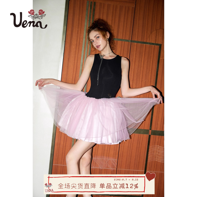 [Girl's Prayer] Американское ретро-черно-розовое контрастное платье Uena, сшитый жилет, сетчатая юбка-пачка