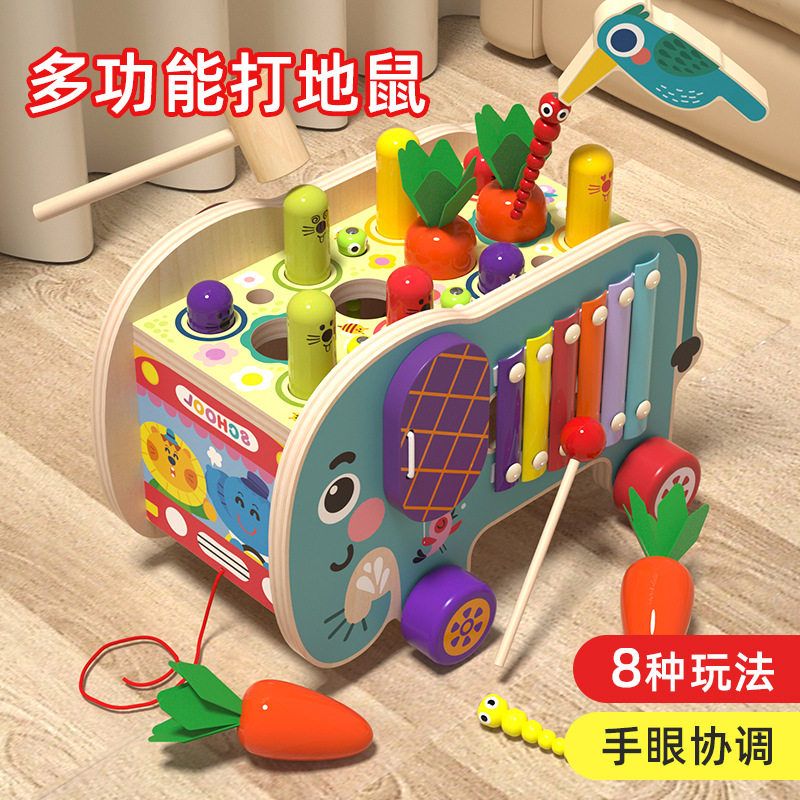 Деревянная подходящая игрушка-тележка, избивающая игрушечного слона, головоломка для раннего образования детей, динозавр Цинь, играющий с хомячком