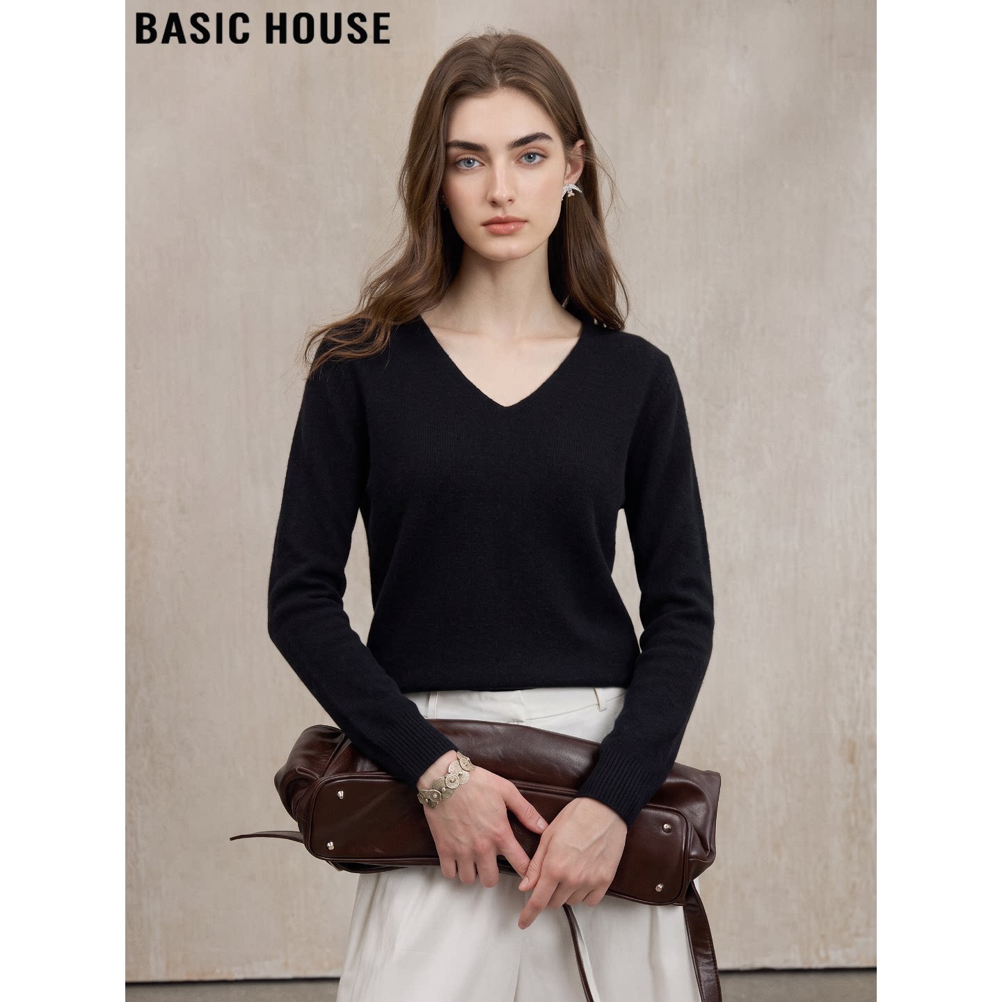 Basic House/Baijia/хороший черный шерстяной вязаный топ, женский осенний однотонный простой шерстяной свитер с V-образным вырезом