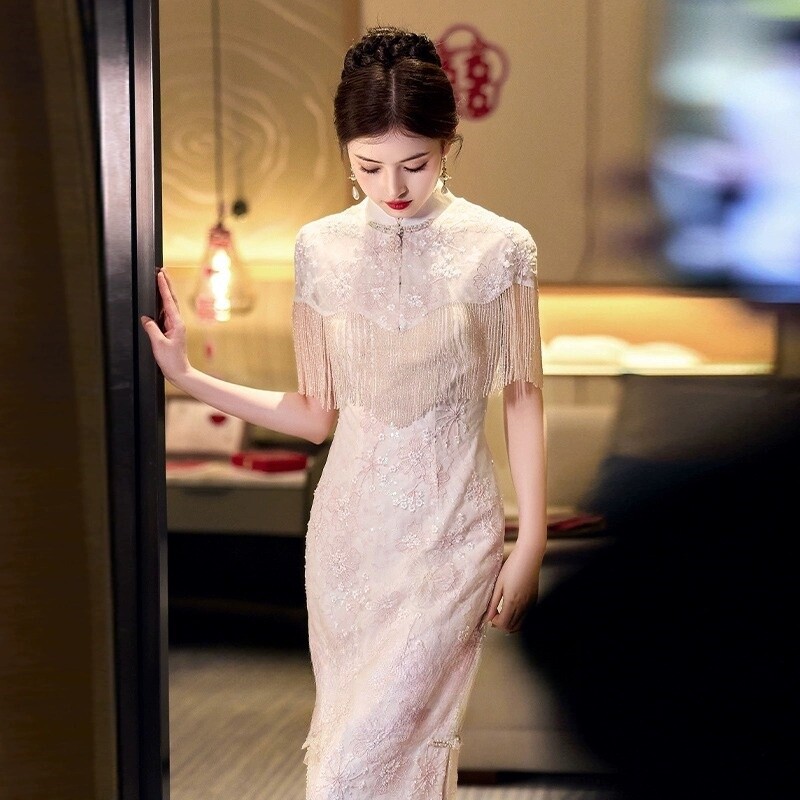 Новое свадебное платье cheongsam с шампанским в китайском стиле, элитная легкая роскошь, нишевое свадебное платье для тостов, возвращайтесь к двери и выходите из кабинета с отличным чувством юмора