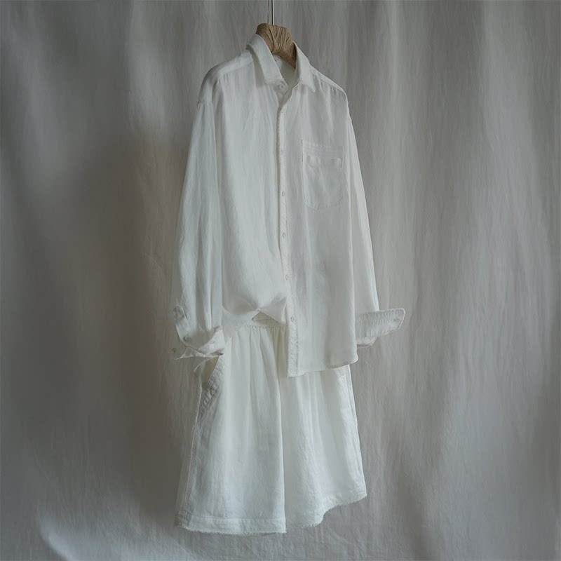 MA·FU Summer Pure Linen Casual Shirt with Washed and Frayed Edge Details, Two-Piece Set with Wide-Leg Shorts