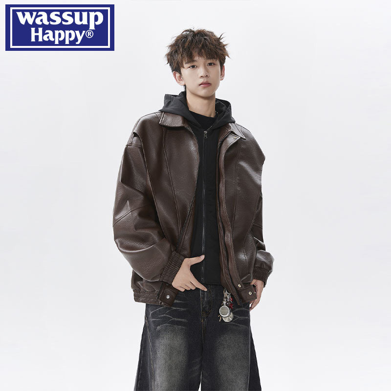 WASSUP HAPPY/ куртка из искусственной кожи в американском стиле ретро, мужская весенне-осенняя повседневная куртка большого размера со свободными лацканами