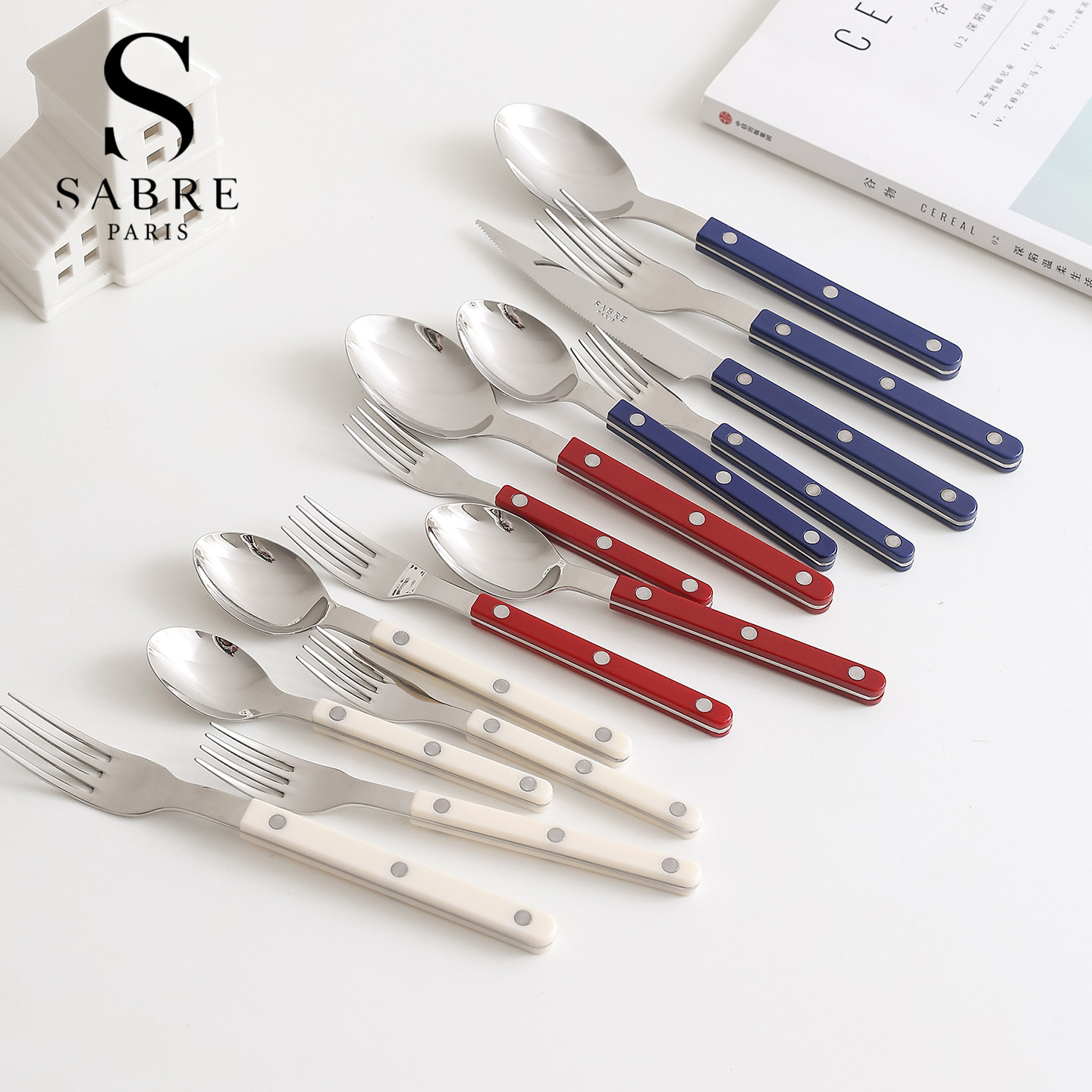 Набор ножей, вилок и ложек French Sabre Paris Tavern из нержавеющей стали, Красный, темно-синий, Подарочная посуда в западном стиле