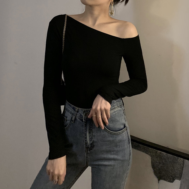 Black one-shoulder top for women in autumn off-shoulder T-shirt sexy 25 new off-shoulder design niche pure long sleeves