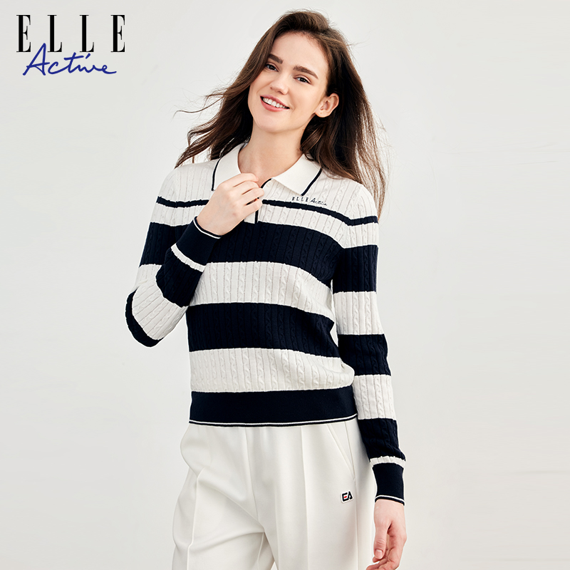 ELLE Активный отдых на открытом воздухе спортивный темперамент рубашка ПОЛО полосатый свитер свитер с отворотом топ с длинными рукавами slim slimming
