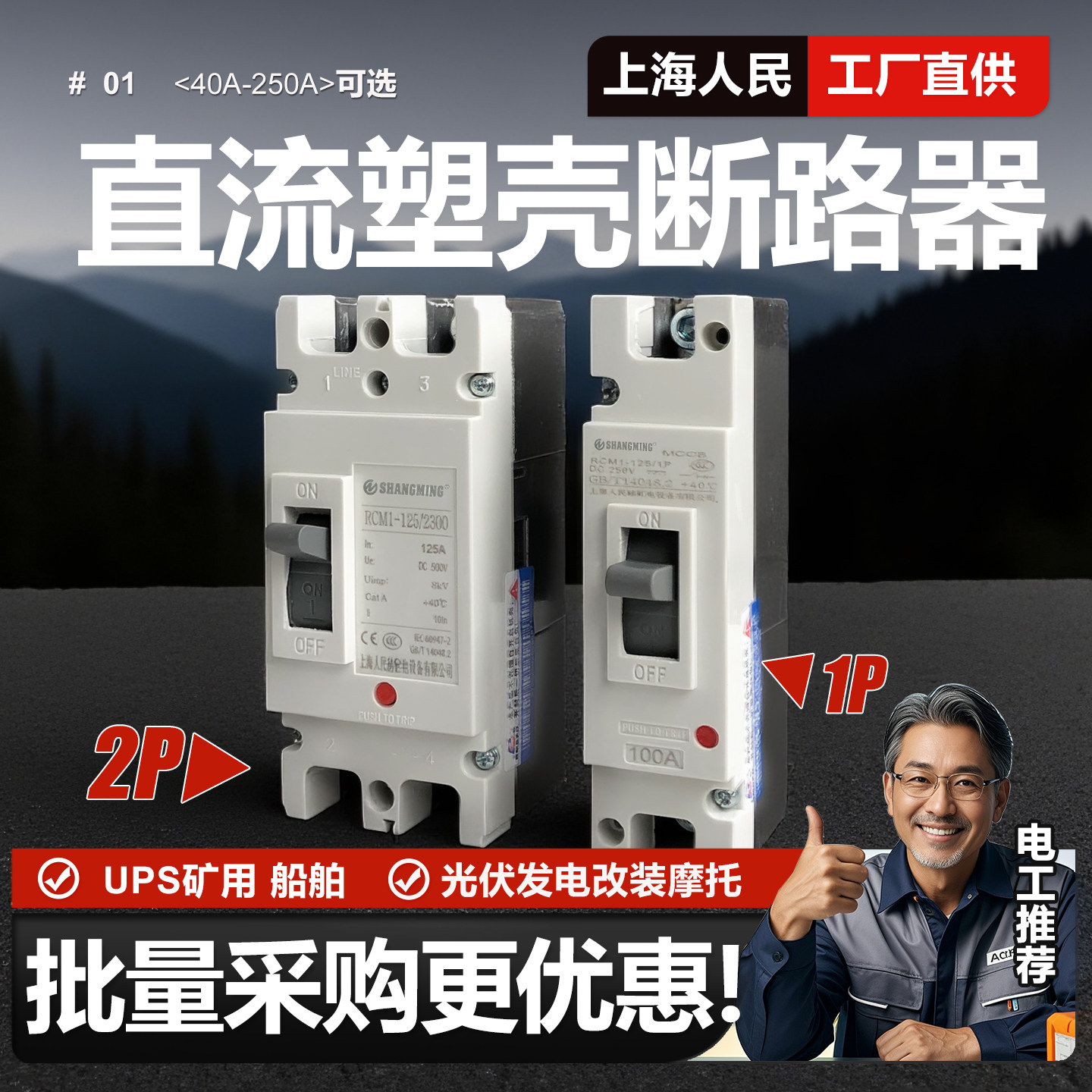Автоматический выключатель постоянного тока в пластиковом корпусе Shanghai People's DC 1P 2P 63A 200A 250A ФОТОЭЛЕКТРИЧЕСКИЙ с воздушным открытием DC500V