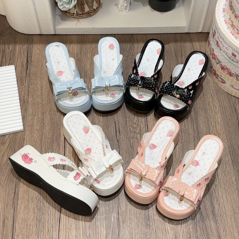 Witch Night Original "Strawberry Dots" Lolita Thick-Soled Japanese Style Wooden Clogs and Bow Slippers