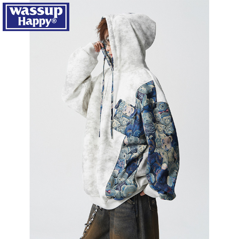 wassup/ свитер с капюшоном и вышивкой в виде счастливого медведя; мужская весенне-осенняя повседневная куртка американского модного бренда