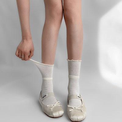 taobao agent 夜间教习室木耳边袜子夏天薄款白色中筒袜芭蕾风灰色堆堆袜女春秋