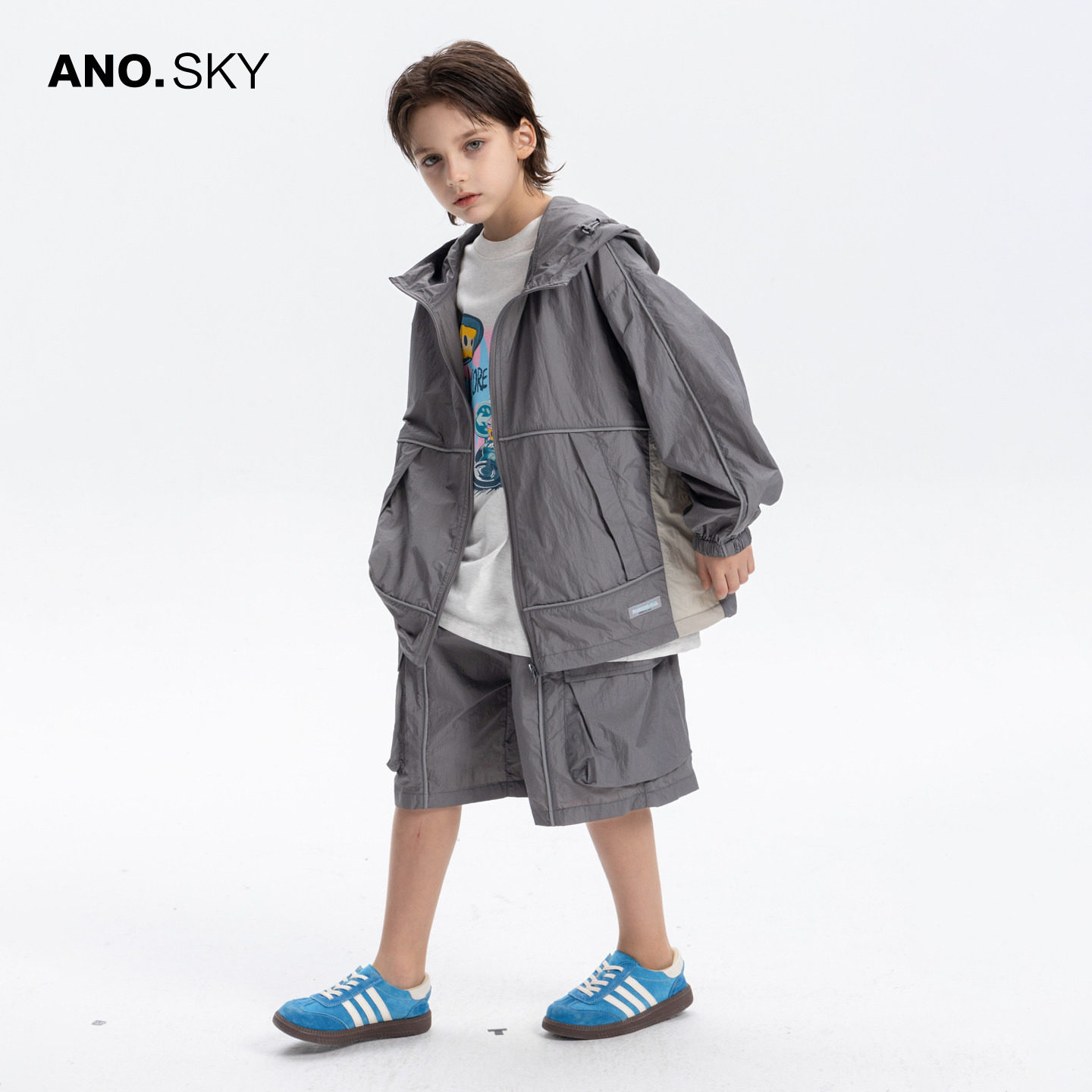 anothersky 【Ощущение прохлады на ощупь】 Солнцезащитная одежда для мальчиков, тонкий костюм, детский летний открытый костюм-двойка с длинными рукавами