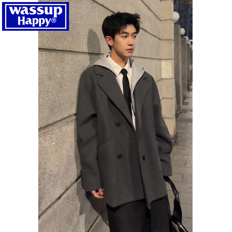 wassup happy -поддельное шерстяное пальто из двух частей, мужское осенне-зимнее пальто плюс короткий пиджак из плотного хлопка с капюшоном