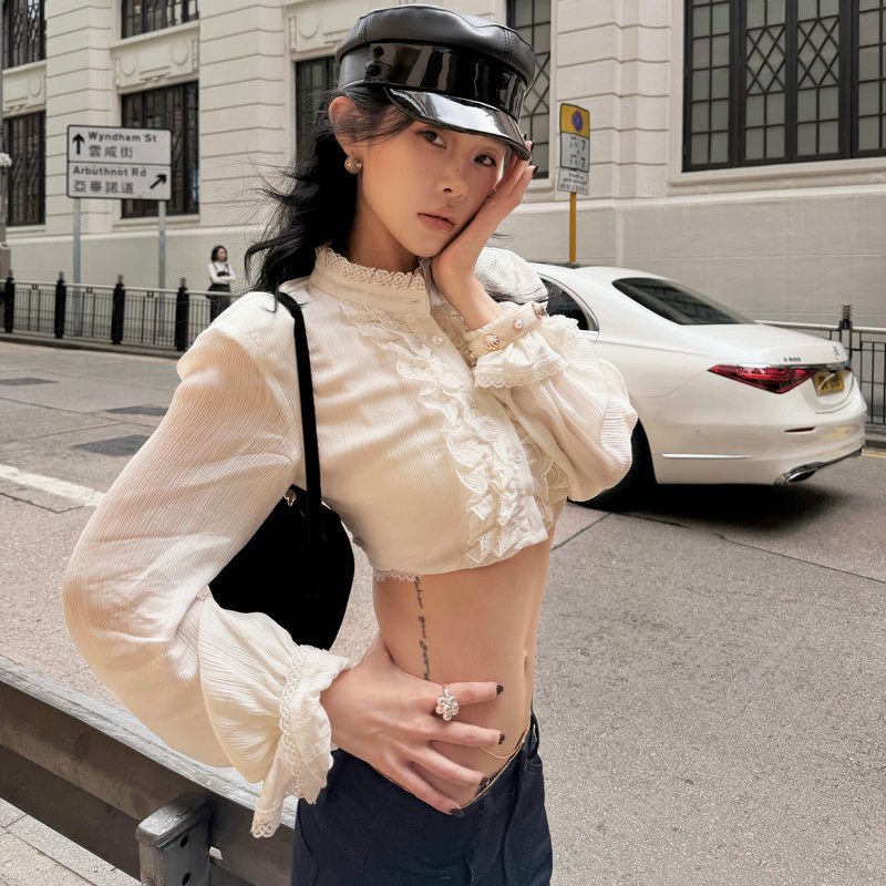 Hydrae 1st Lace-trimmed Short Shirt Women's Autumn Stand Collar Long Sleeve White Crop Top