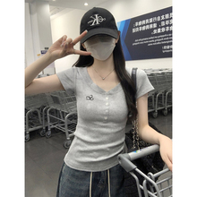 Summer Korean version new slim fit button embroidered women's top