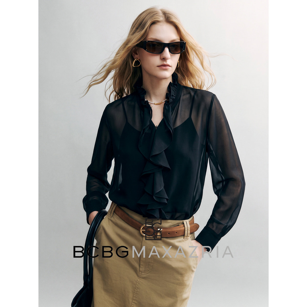 BCBGMAXAZRIA, темпераментная черная шифоновая рубашка с оборками и V-образным вырезом, женский осенне-зимний тонкий топ высокого класса