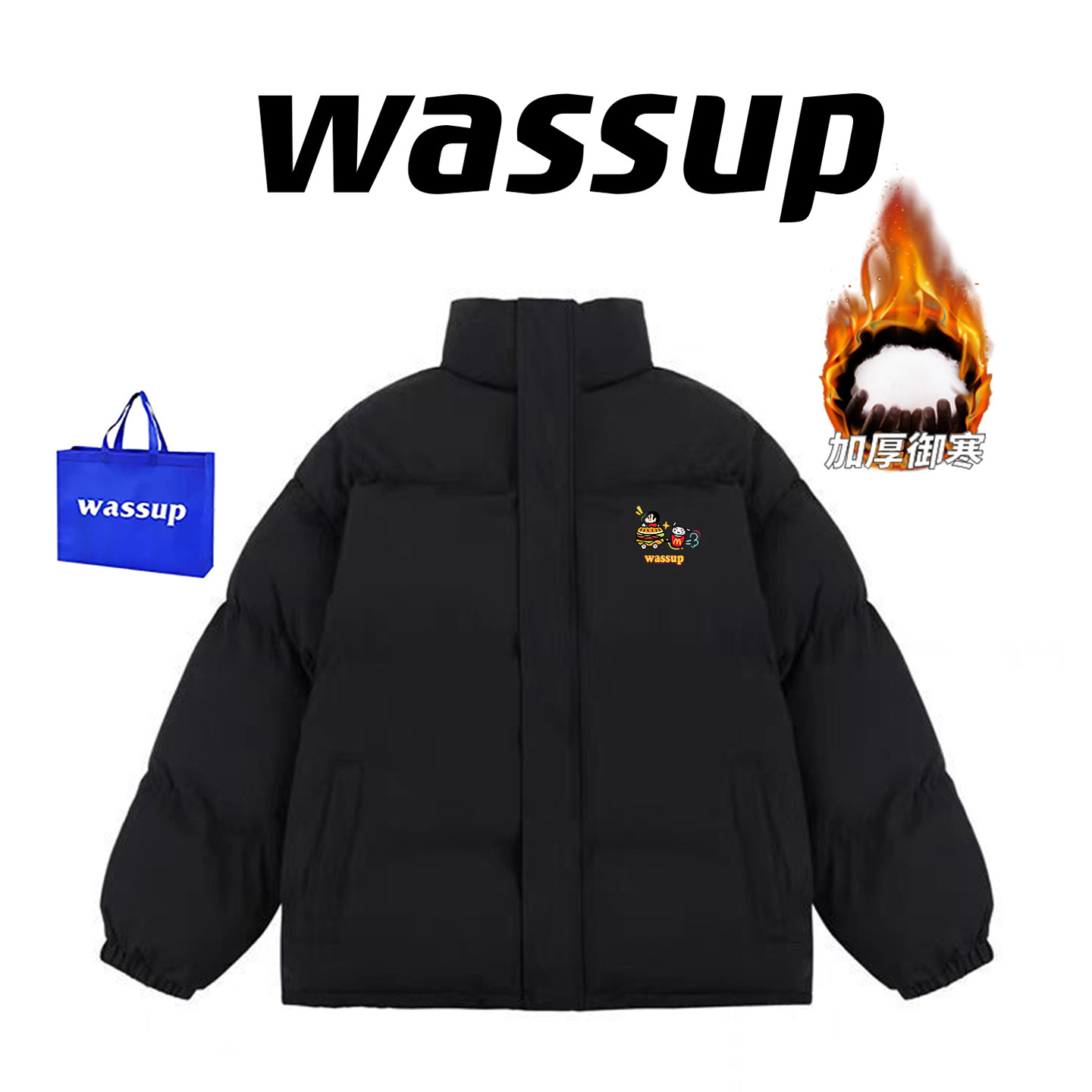 Куртка из натурального пуховика WASSUP из хлопка для мужчин и женщин, бренд американской уличной моды, куртка с воротником-стойкой для пар, утепленная куртка-хлебница