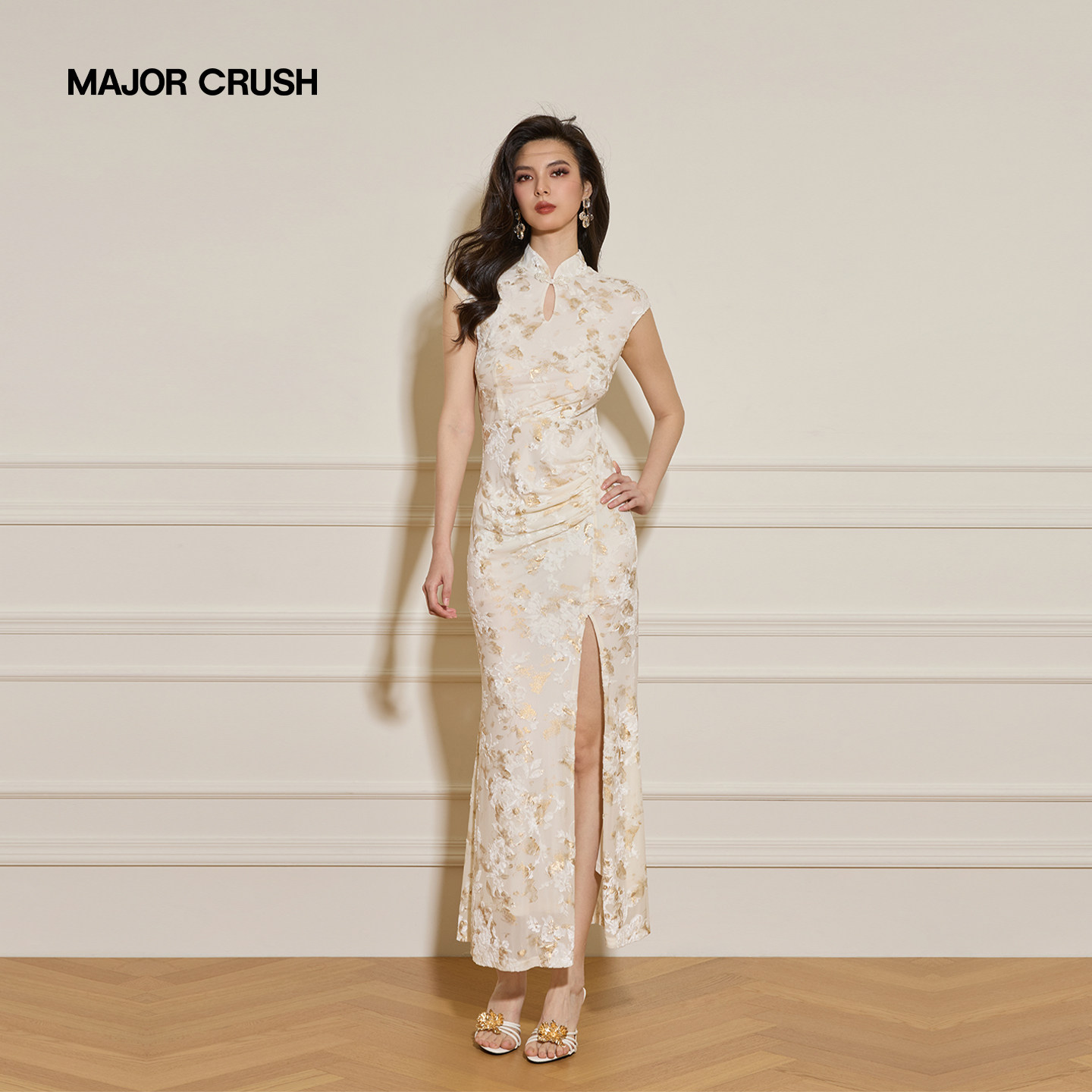 Платье ципао MAJOR CRUSH, жаккардовое, с цветами груши, с разрезом, приталенное, женское, лето 2026, новинка, китайский стиль, 6907