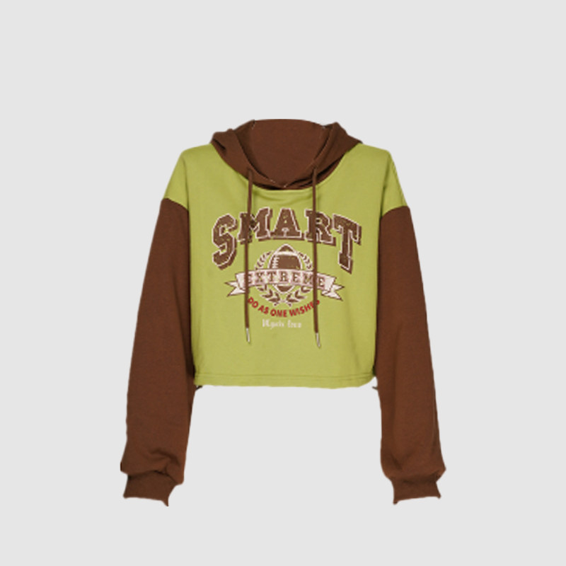 MYMIX American retro hooded sweatshirt for girls spring and autumn clothes new loose color-blocking top