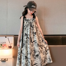 Girls' Summer Dress 2024 New Girl Big Girl Western Ink Painting Retro Sling Dress Children's Princess Dress