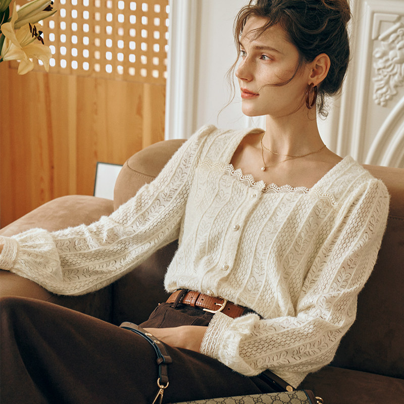 OLrain Creamy Apricot Lace Chiffon Blouse for Women, Autumn 2026 New French Brushed Square Neck Top