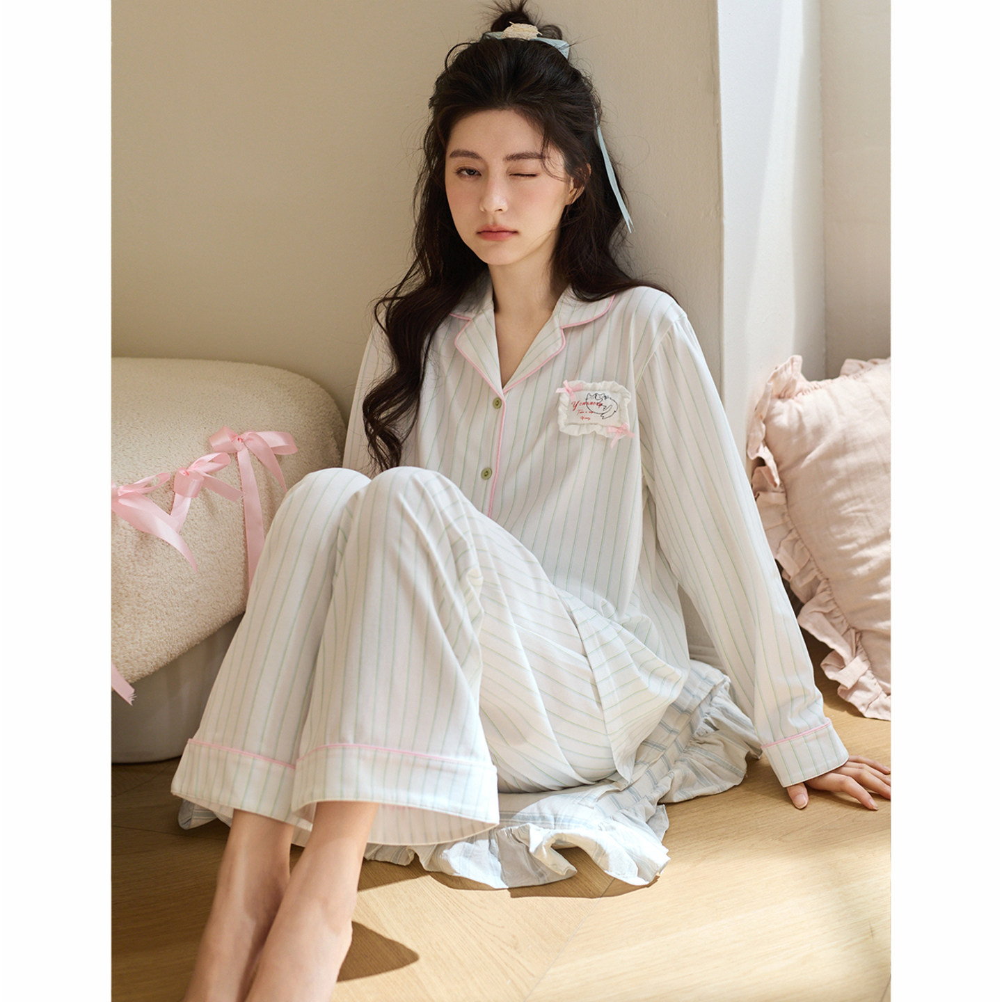 Пижама Mojiao ”Sweet dreams female main style", женская весенне-осенняя пижама из чистого хлопка с длинными рукавами в японском стиле, милая домашняя одежда в полоску для девочек