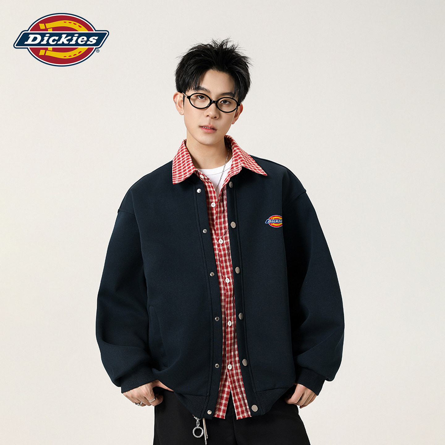Dickies美式假两件格纹拼色开衫卫衣男秋季潮牌宽松休闲翻领外套