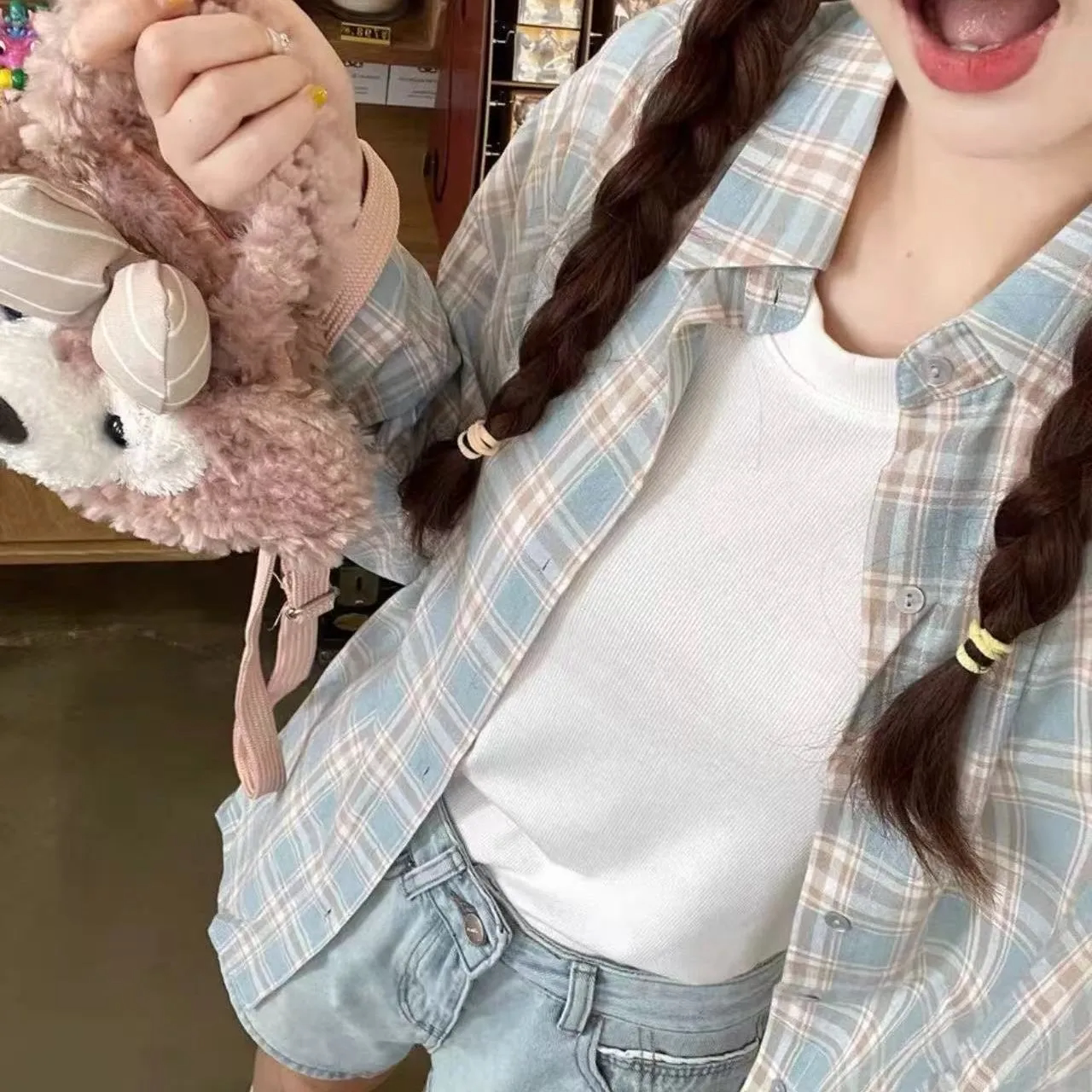 New plaid shirt, summer style, relaxed retro casual American style, slimming shirt, loose top, sun protection long sleeves