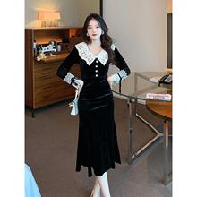 MONKOLCINLY French Vintage Lace Panel Velvet Dress for Women 2023 Autumn/Winter New Waist Slimming