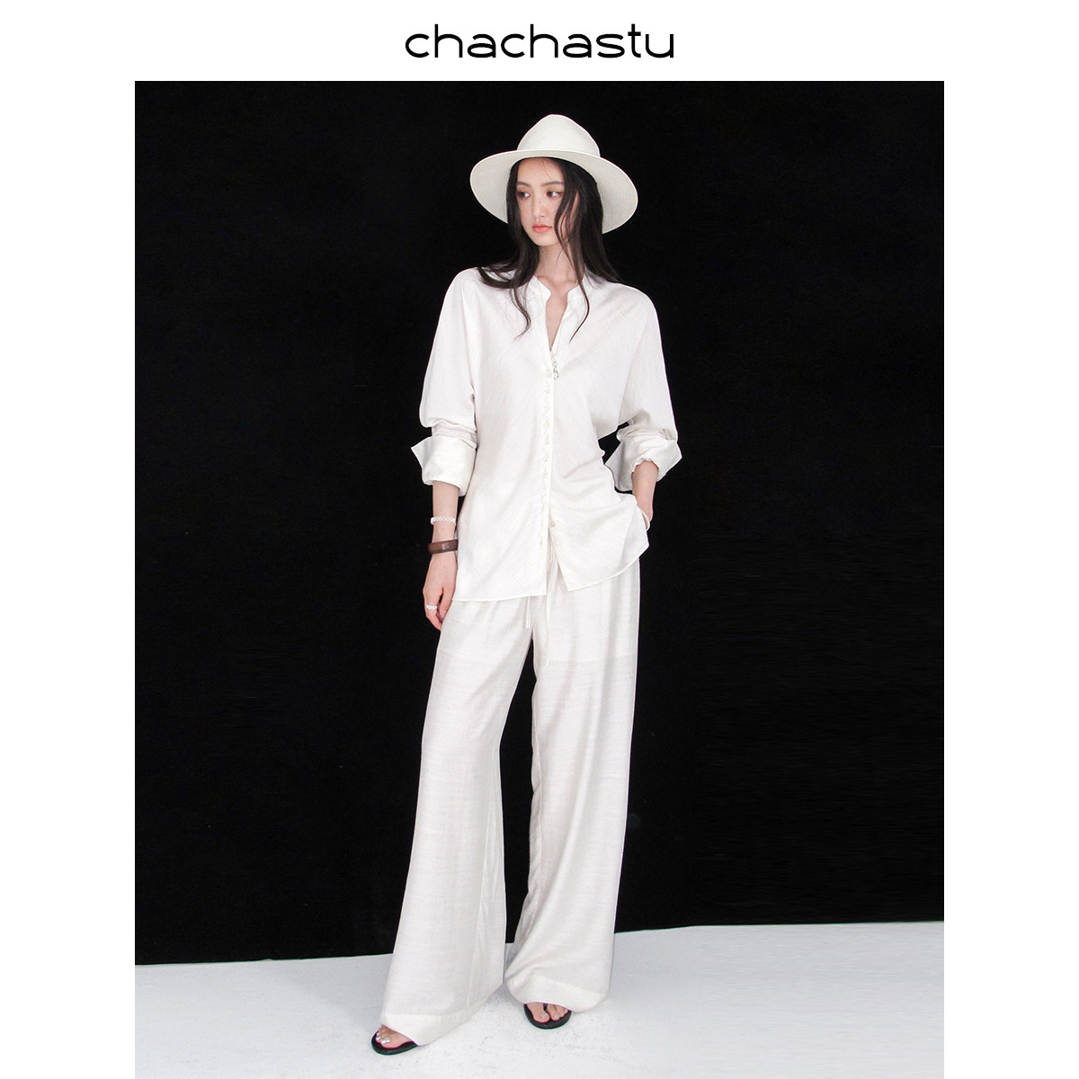 CHACHA Relaxed Old Money Style Long-Termism Minimalist Mixed Linen Texture Slim Waist Tie-Waist Shirt and Trousers Set for Women in Summer