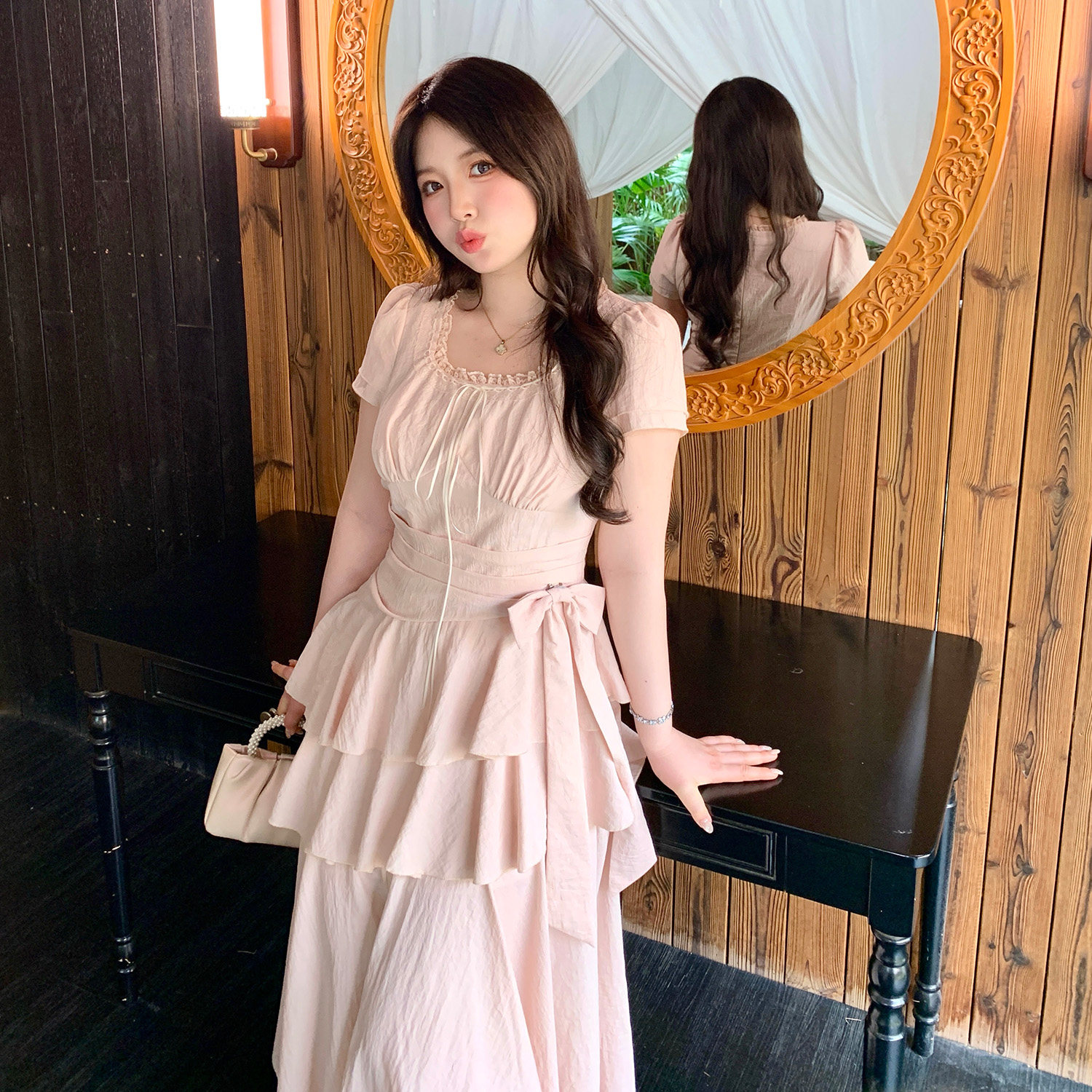 Женская одежда MB plus size [Peony Yinfeng] нежный стиль, сладкий темперамент, кружевное платье-торт с бантом и квадратным воротником