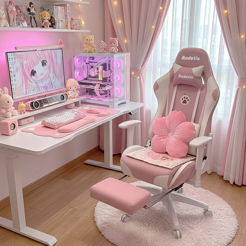 Игровое кресло Audetis pink из тонкого льна, дышащее игровое кресло для девочек, удобное домашнее кресло для сидячего образа жизни, компьютерное кресло-якорь
