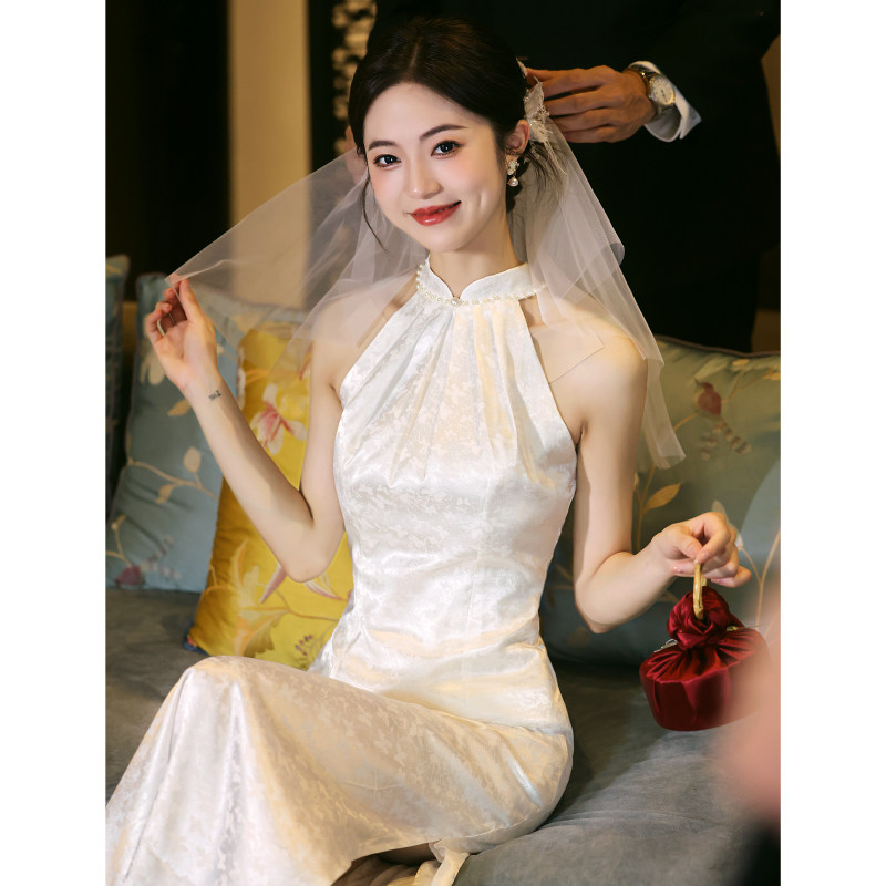 Белое платье cheongsam на бретельках 2026, новое платье для тостов, легкое свадебное платье для помолвки, женское летнее свидетельство о регистрации, белое платье