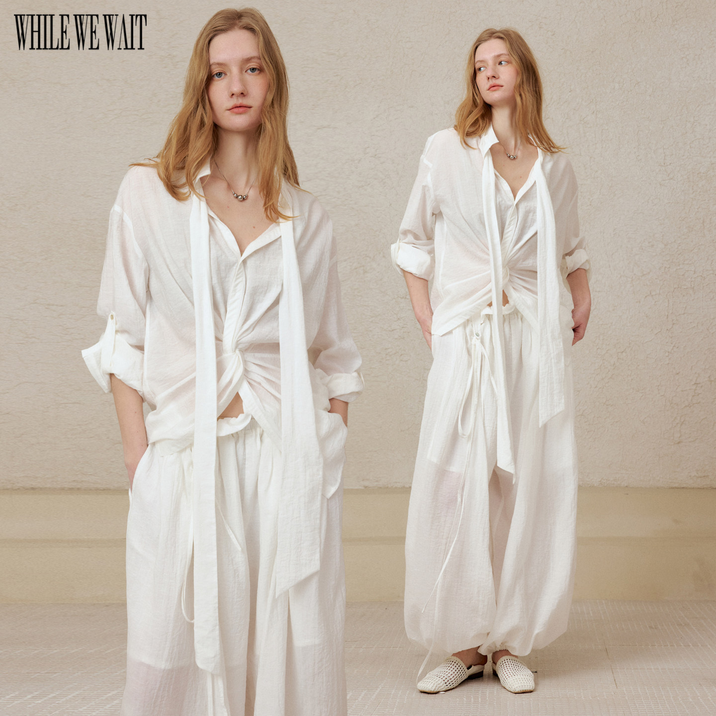 WHILE WE WAIT Simple Linen Shirt with Detachable Ribbon and Knot, Long Sleeves, Rolled Sleeves, Spring 2026 Women's Top