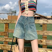 2024 early spring new high waisted denim shorts for women with a loose design that is niche, retro wide leg A-line hot pants thin