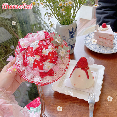 taobao agent 【芝士猫手作】新款呲甜15草莓条纹蝴蝶结lolita小物头饰小礼帽子