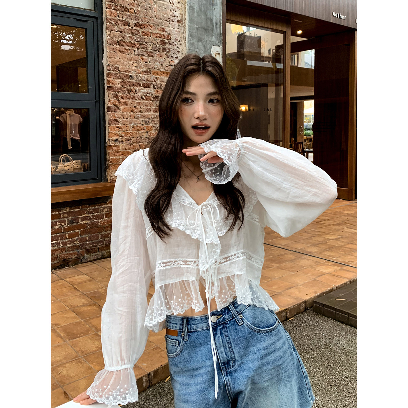 2026 New French Romantic Style Lace Trim Tie-Waist Blouse for Women, Long Sleeve, Sweet Ramie Loose V-Neck Top