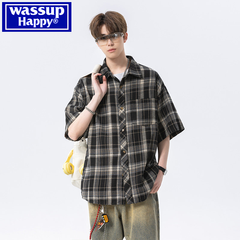 wassup happy клетчатая рубашка с короткими рукавами, мужская летняя тонкая свободная повседневная рубашка в стиле американского ретро