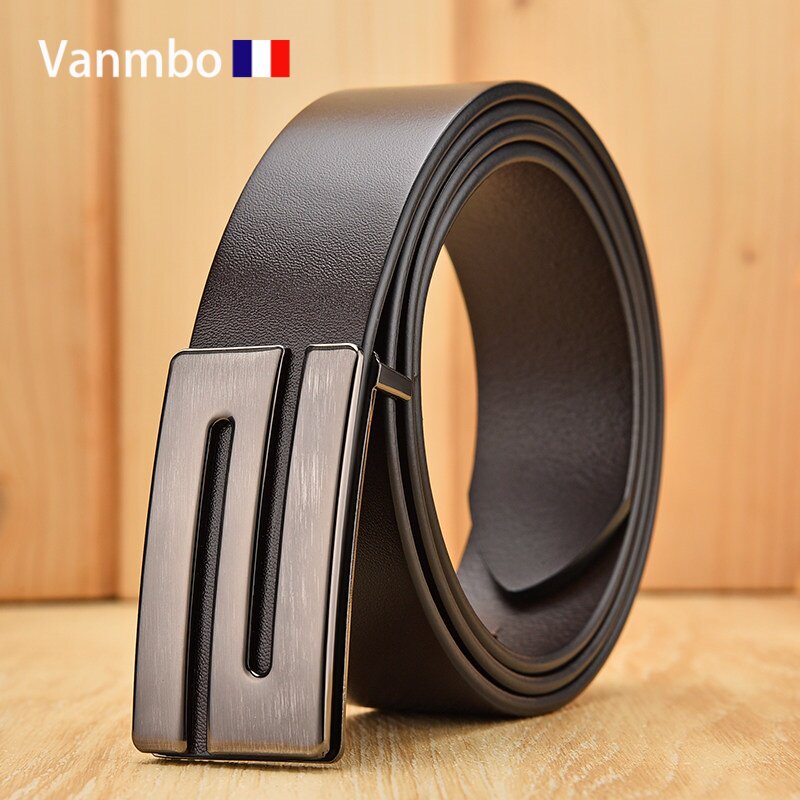 Французский ремень VANMBO VANMBO, кожаный ремень с гладкой пряжкой, мужской ремень 2026 года, первый слой, ремень из воловьей кожи, поясная пластинчатая пряжка для брюк