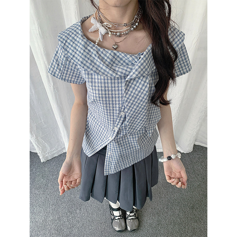 Solpaw Summer Japanese Style Irregular Peter Pan Collar Plaid Short-Sleeve Shirt for Women, Light Asian Gray Style Slimming Shirt