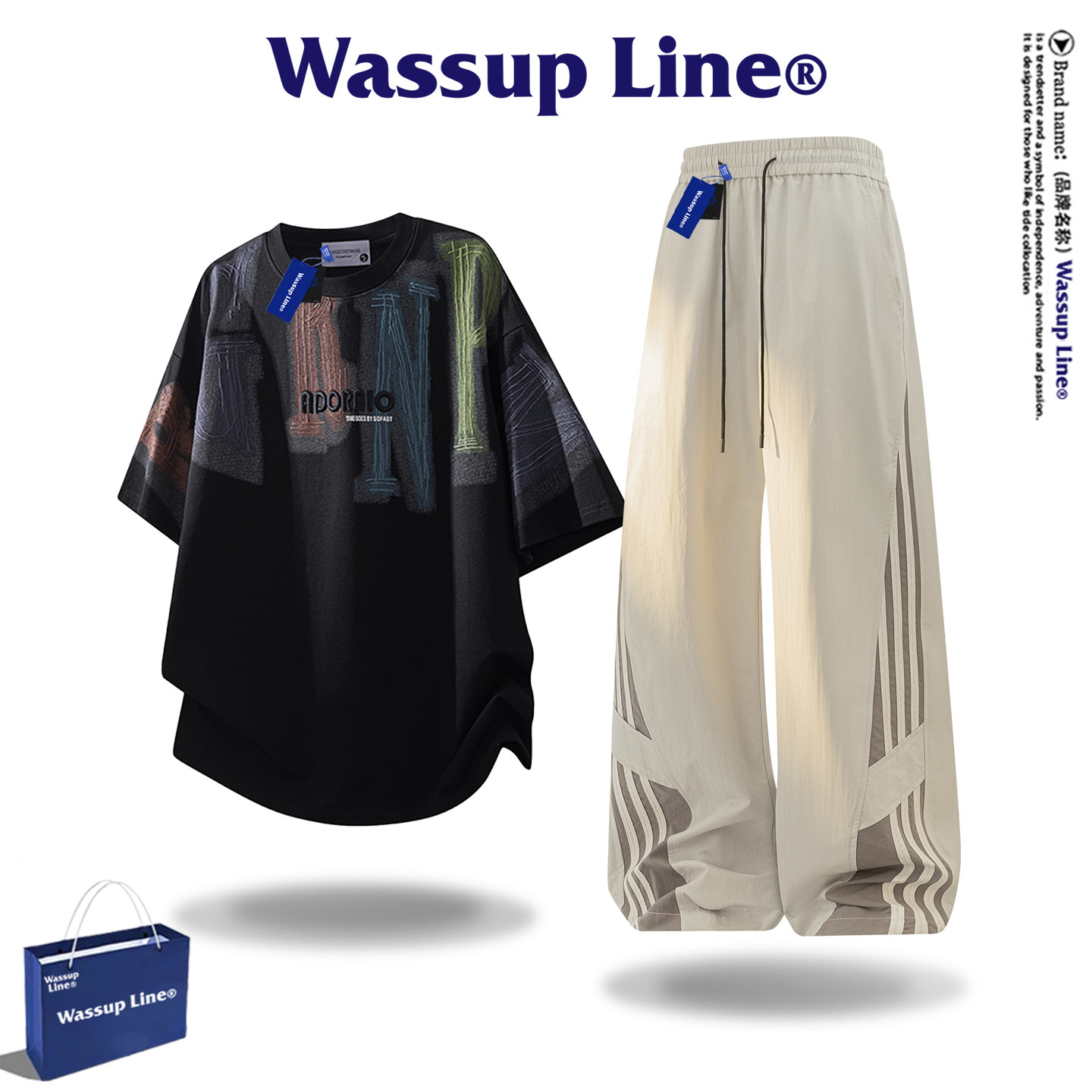 Модный бренд WASSUP Line, спортивный костюм, мужская летняя повседневная футболка с короткими рукавами, универсальные брюки, костюм-двойка