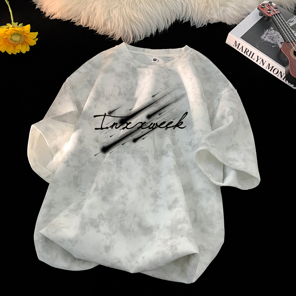 Американская футболка с короткими рукавами tie-dye, мужская летняя футболка бренда ins high street, свободная молодежная повседневная одежда с круглым вырезом и короткими рукавами