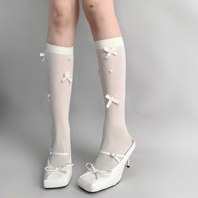 taobao agent 夜间教习室芭蕾风小腿袜薄款甜美蝴蝶结天鹅绒白色中筒袜子女秋款